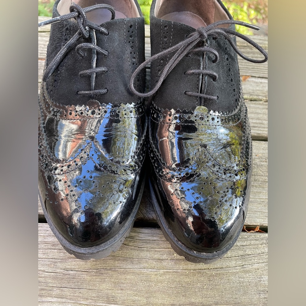 Nelson suede and patent leather wing tip shoes
